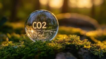 Glass Sphere with CO2 Inscription on Mossy Ground photo