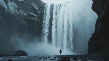 A lone figure silhouetted against a misty waterfall cascading down a rocky cliff face. photo
