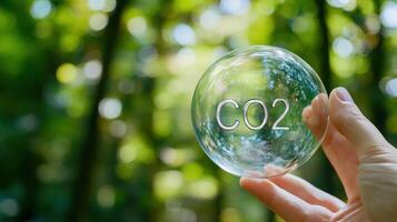 A Hand Holding a Glass Sphere with CO2 Written Inside Against a Green Blurred Background photo