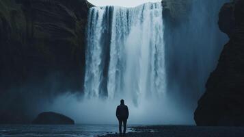 A Solitary Figure Gazes at a Majestic Waterfall photo