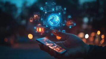 Hand Holding Smartphone with Holographic Smart Home and Global Network Visualization photo