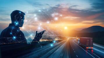 Silhouette of a Man Connecting Network Lines with a Semi-Truck on a Highway at Sunset photo