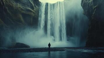 A Solitary Figure Stands Before a Majestic Waterfall in Iceland photo