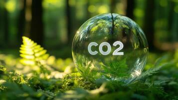 CO2 Symbol Encased in Glass Sphere Amidst Green Foliage photo