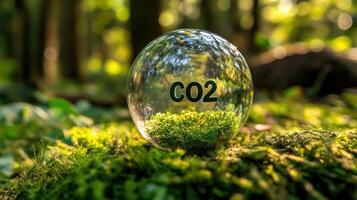 Glass Sphere with Moss and CO2 Symbol in a Forest Setting photo