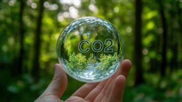 A Hand Holding a Glass Sphere with CO2 Written on It, Reflecting a Green Forest. photo