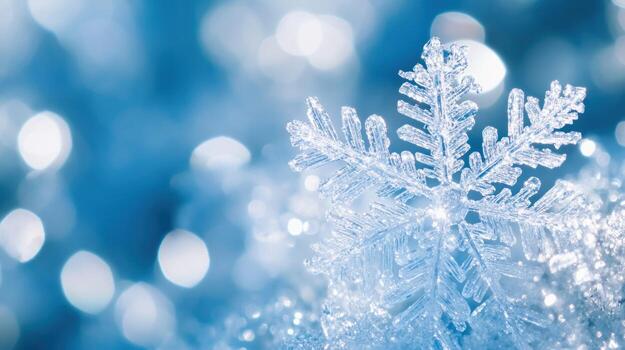 A Single Snowflake in Focus with a Blue Bokeh Background photo