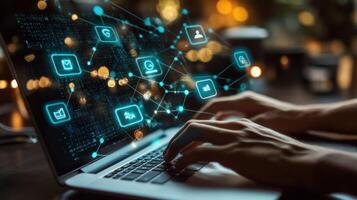 Person using laptop with glowing network icons and bokeh lights in the background photo