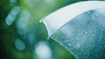 Close-up of a Clear Umbrella Covered in Raindrops photo