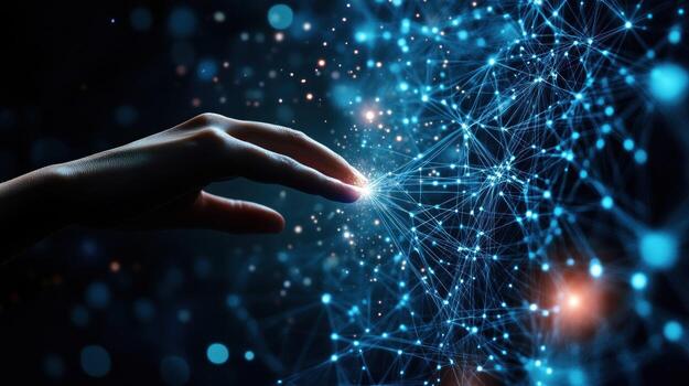 Hand Reaching Towards a Glowing Blue Network photo