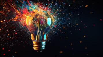 Lightbulb Exploding with Colorful Particles on Black Background photo