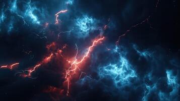 Red and Blue Lightning Bolts Strike Through Dark Clouds photo