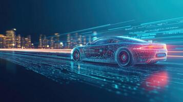 A Wireframe Representation of a Sports Car Driving Through a City at Night photo