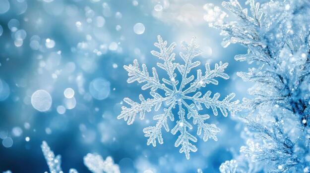 A Delicate Snowflake Crystal on a Frosted Branch photo