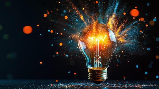 Light Bulb Explosion with Blue and Orange Sparkles photo