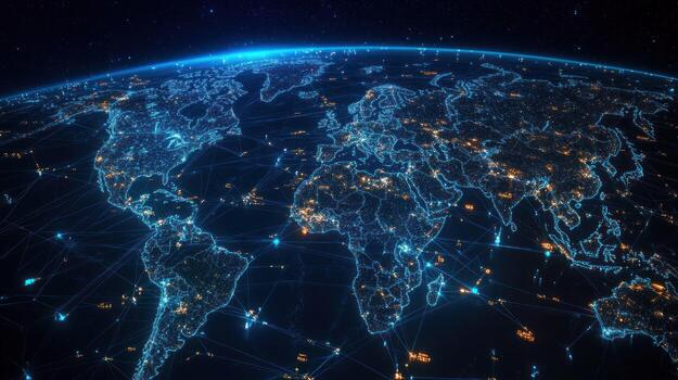 A Global Network of Interconnected Cities Illuminated at Night photo