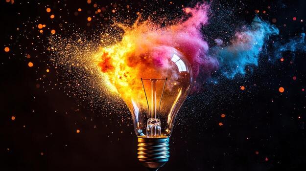 A Lightbulb Exploding With Colorful Dust and Sparkles photo