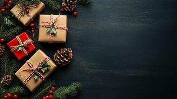 Christmas Presents with Pine Branches and Berries on a Dark Wooden Background photo
