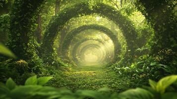 Mystical Forest Path with Sunlit Arches Formed by Lush Greenery photo