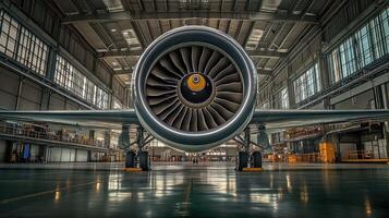 Airplane Engine and Landing Gear in Hangar photo