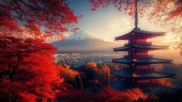 Pagoda in Autumn with Mt. Fuji and Cityscape photo