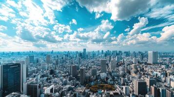 Aerial View of a Dense Cityscape with White Clouds and a Blue Sky photo