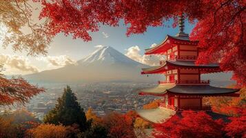 Red Pagoda Overlooking Mount Fuji and Autumn Foliage photo