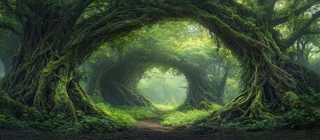 Enchanting Path Through a Lush, Moss-Covered Forest photo