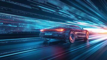 Futuristic Car Driving Through a Digital Tunnel of Light photo