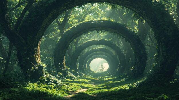 A Path Through Intertwined Tree Trunks in a Misty Forest photo