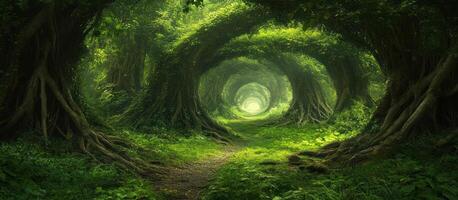 A Pathway Through an Enchanting Green Forest Canopy photo