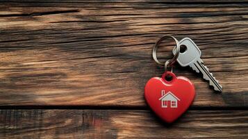 House-shaped keychain on red heart attached to key on rustic wooden background photo
