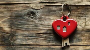 Red Heart-Shaped Key Charm with Keyhole Detail on Rustic Wooden Surface photo