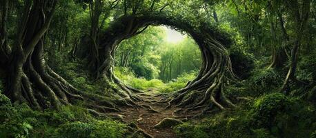 A Pathway Through a Lush, Ancient Forest, Framed by an Entwined Tree photo