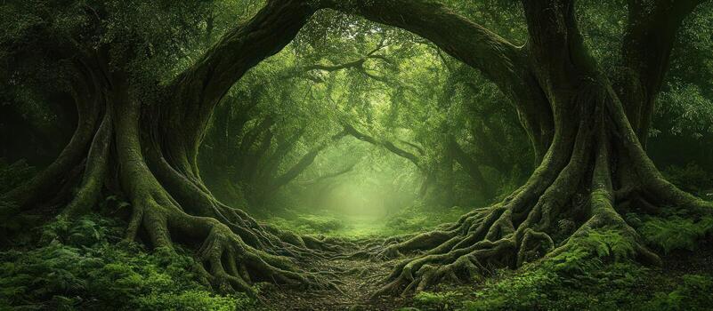 lozano verde bosque camino con entrelazados árbol raíces foto