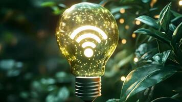 Slow motion of glowing light bulb with a Wi-Fi symbol emerges among lush green foliage, symbolizing the fusion of technology and nature. video