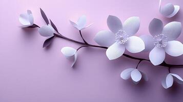 White paper flowers branch arrangement appears against soft lavender background. Minimalist floral display features origami style blooms with gentle shadows in elegant simplicity. minimalist photo