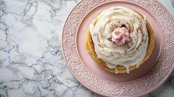 Cinnamon roll topped with vanilla glaze sits on pink porcelain plate with elegant pattern. Dripping frosting adorns fluffy pastry texture on white marble surface in soft morning light. fluffy photo