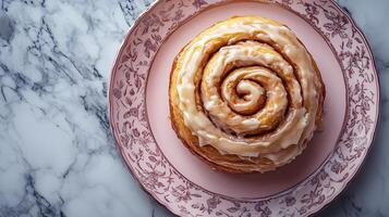 Cinnamon roll topped with vanilla glaze sits on pink porcelain plate with elegant pattern. Dripping frosting adorns fluffy pastry texture on white marble surface in soft morning light. swirled photo