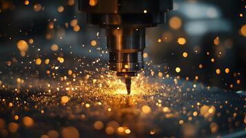 Metal machining process shows CNC mill cutting with flying sparks, capturing industrial precision engineering in dramatic lighting with detailed manufacturing focus and depth. technical photo