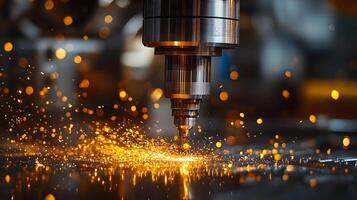 Metal machining process shows CNC mill cutting with flying sparks, capturing industrial precision engineering in dramatic lighting with detailed manufacturing focus and depth. CNC photo
