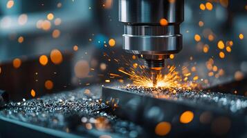 Metal machining process shows CNC mill cutting with flying sparks, capturing industrial precision engineering in dramatic lighting with detailed manufacturing focus and depth. craftsmanship photo