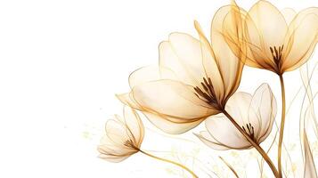 Delicate golden line art depicts tulip flower with intricate petal details on white backdrop, combining elegant botanical drawing style with minimalist art nouveau design elements. botanical photo