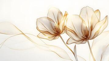 Delicate golden line art depicts tulip flower with intricate petal details on white backdrop, combining elegant botanical drawing style with minimalist art design elements. photo