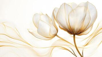 Delicate golden line art depicts tulip flower with intricate petal details on white backdrop, combining elegant botanical drawing style with minimalist art nouveau design elements. contour photo