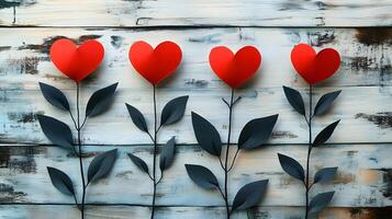 Minimalist composition features red paper hearts and black botanical silhouette against white wooden planks, creating Valentine's theme with rustic texture and elegant simplicity. organic photo
