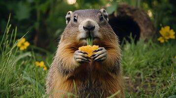 Groundhog stands in prairie grassland holding grass in paws, displaying soft golden fur near burrow entrance against green meadow background in natural sunlight with curious expression. environment photo