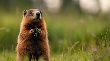 Groundhog stands in prairie grassland holding grass in paws, displaying soft golden fur near burrow entrance against green meadow background in natural sunlight with curious expression. ecosystem photo
