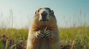 Groundhog stands in prairie grassland holding grass in paws, displaying soft golden fur near burrow entrance against green meadow background in natural sunlight with curious expression. habitat photo