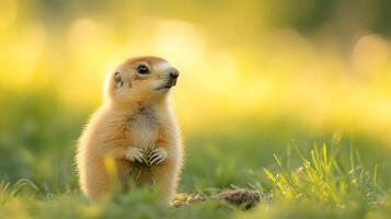 Groundhog stands in prairie grassland holding grass in paws, displaying soft golden fur near burrow entrance against green meadow background in natural sunlight with curious expression. feeding photo